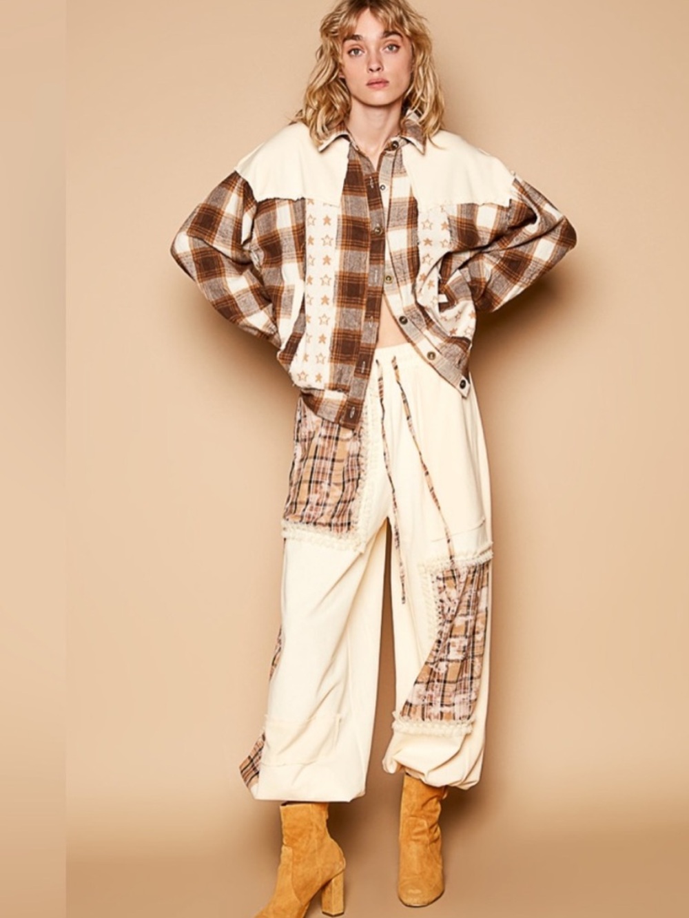 #190-0552 POL New Cream Shacket with Rust Plaid and Red Star Details